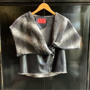 Faux Fur and Faux Leather Zip Front Hooded Vest Jacket